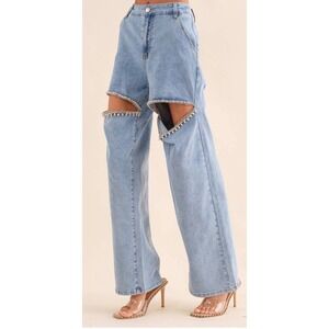 Blueb Collection Rhinestone Cut Out Heart Back Wide Leg Jeans Light Wash L